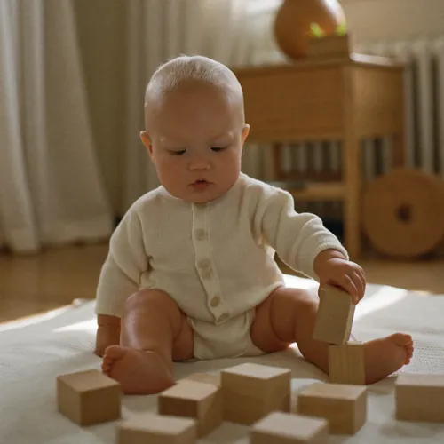 Emma spielt mit Holzbausteinen