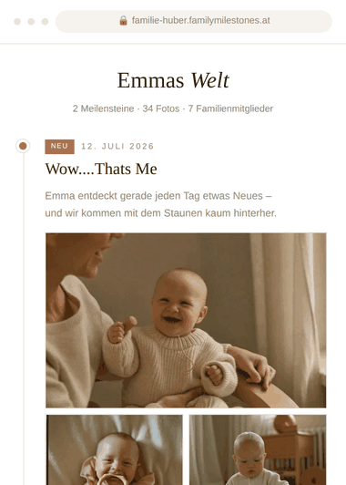 Vorschau: Emmas Timeline mit den Meilensteinen 'Wow....Thats Me' und 'Hallo Welt, ich bin Emma!'
